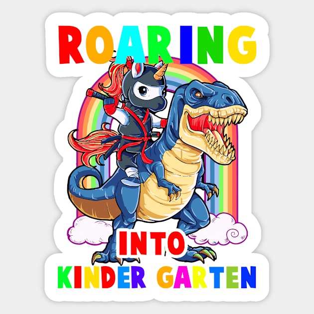 Ninja Unicorn Driving Dinosaur Roaring Into Kinder Garten Sticker by CasperX10